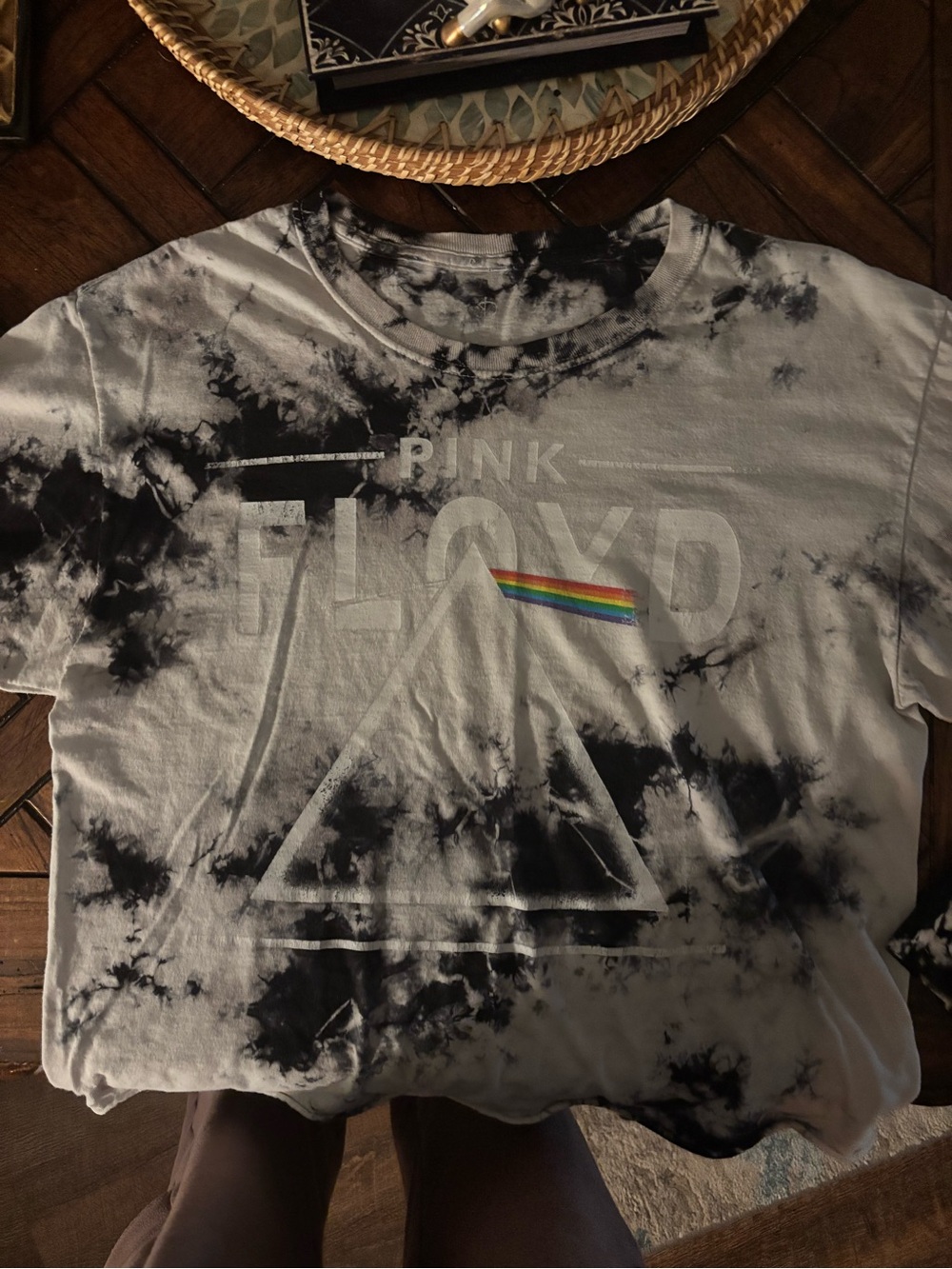 Pink Floyd Black & White Tie-Dye Prism Tee with Rainbow Accent